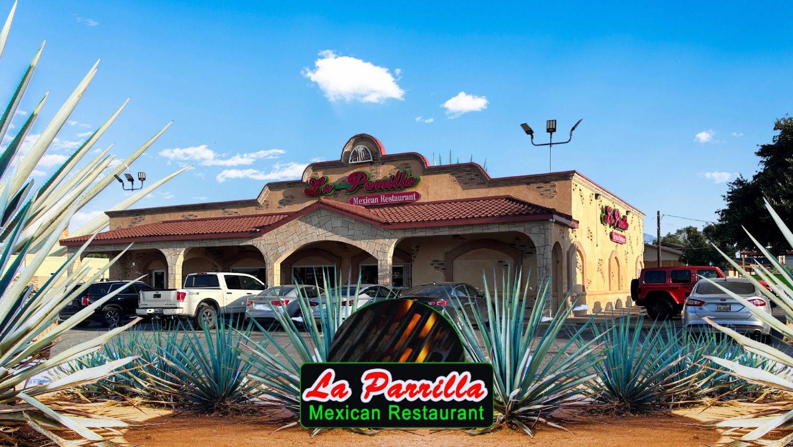 La Parrilla 2 restaurant exterior with red tile roof and stone archways