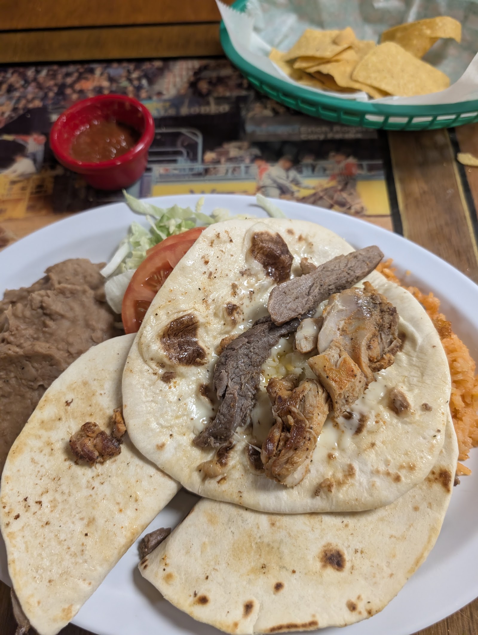 Taco plate with rice, beans, and fresh salsa